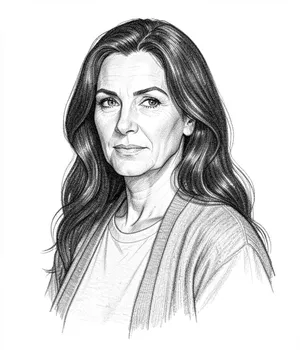 Pencil portrait of a woman with long dark hair.
