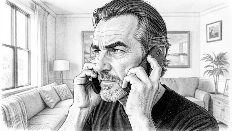 Pencil sketch: a close-up of a man in profile with a phone to his ear.