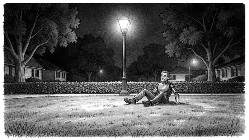 Pencil sketch: a wide night shot of an empty park under one street lamp, a man sitting up in the grass.