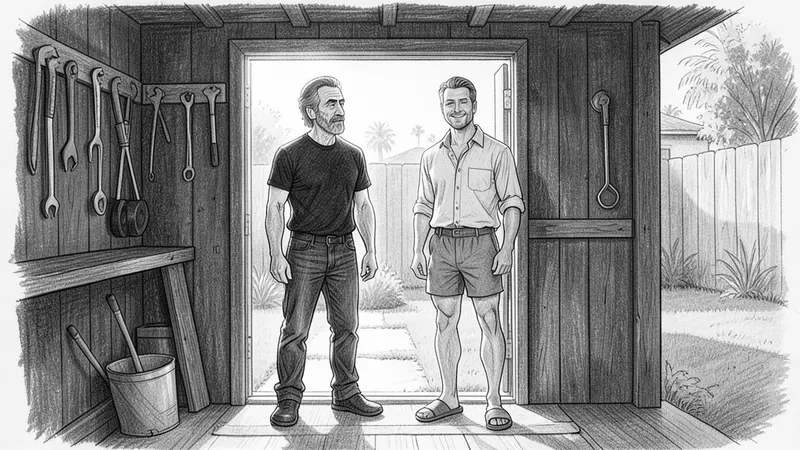 Pencil sketch: two men framed in the bright doorway of a dark shed, seen from inside.