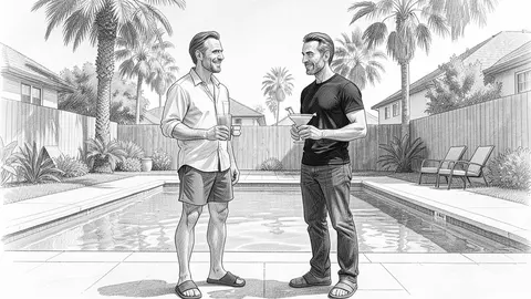 Pencil frame: two men facing each other by a backyard pool.