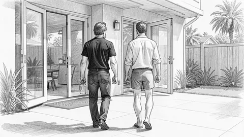 Pencil frame: two men walking away through glass doors into a house.