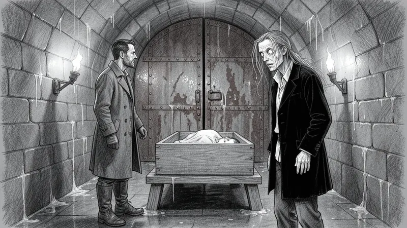 Pencil frame: two men in profile on either side of an open coffin, a woman's still face between them, lit by a torch
