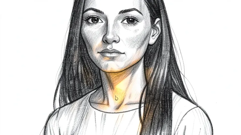Pencil frame: a woman's throat and jaw from above, very close, in white cloth, lit by torchlight