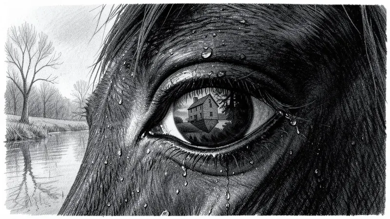 Pencil frame: a horse's eye filling the frame, with a tiny upside-down house reflected in it