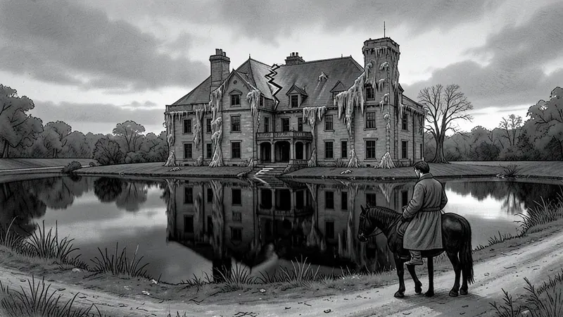 Pencil frame: a road ending at a black lake, a rider small at the bottom, a huge house on the far shore